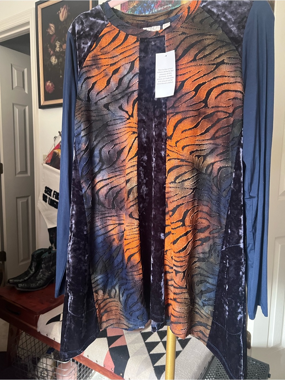 LOGO by Lori Goldstein Orange & Blue Velvet-Panel Print Long Sleeve Med NWT